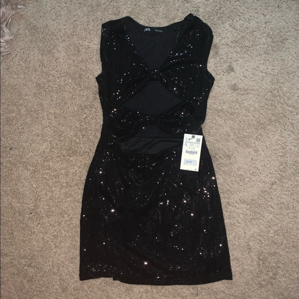 zara black sequin cut out dress
